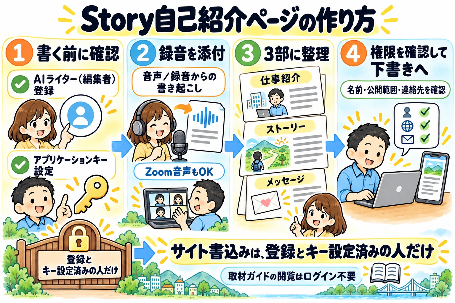 対象StoryサイトのAIライター（編集者）登録とキー設定を確認し、録音素材から三部の原稿へ。権限を確認して下書きを作る模式図。取材ガイドの閲覧はログイン不要。