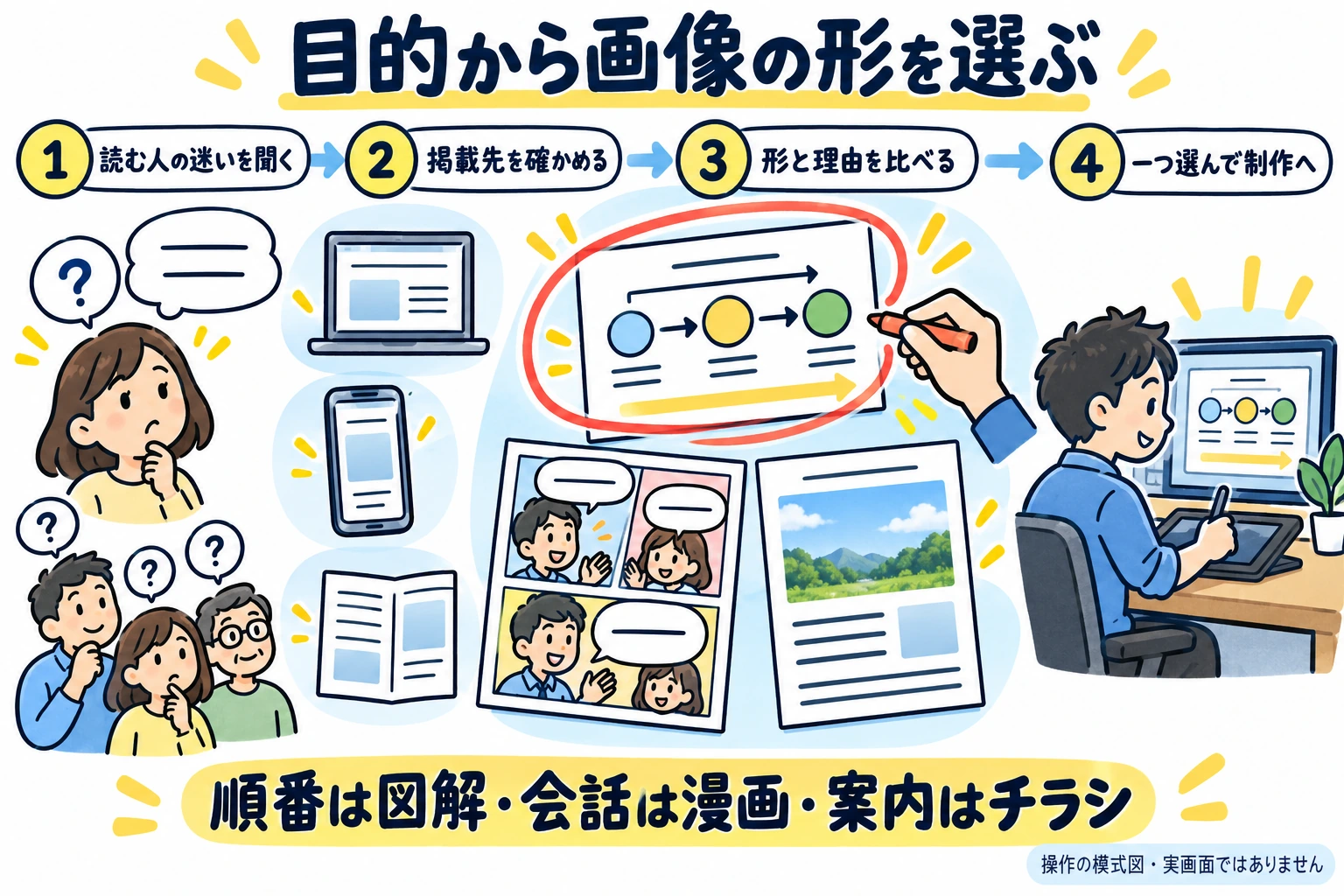 読む人の迷いと掲載先を整理し、図解・漫画・チラシの役割を比べ、一つ選んで専用の制作ガイドへ進む流れ。
