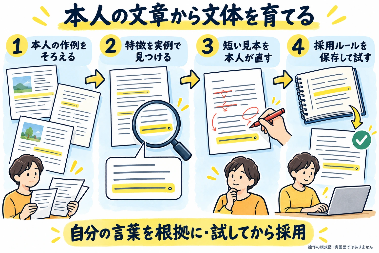 本人の文章をそろえ、実例から文体の特徴を見つけ、短い見本を本人が直し、採用ルールを保存して次の原稿で試す。