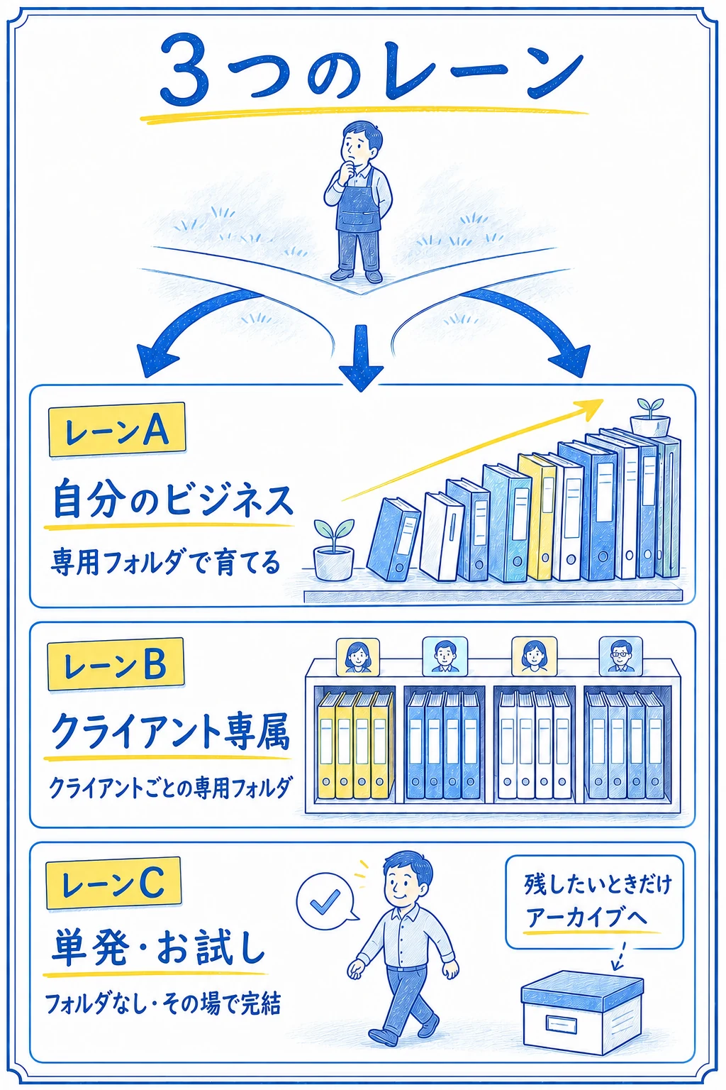分かれ道から、自分のビジネス・クライアント専属・単発お試しの3レーンを選び、それぞれの情報の残し方を示す手描き図解