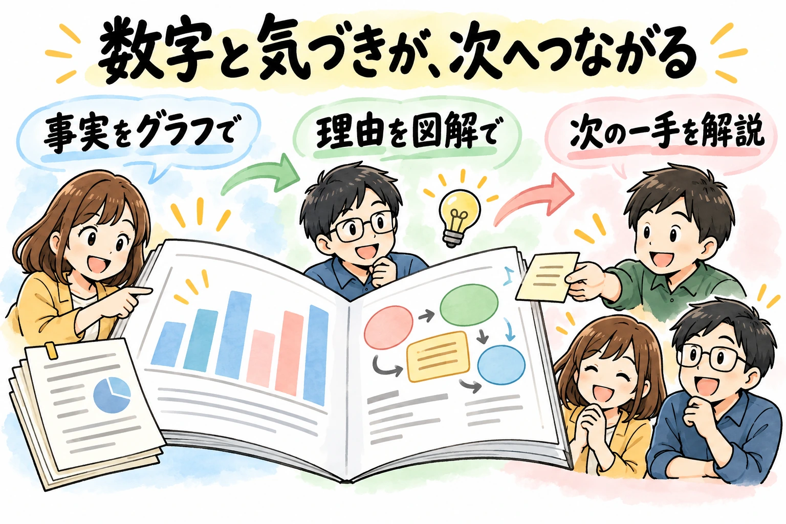 事実をグラフで、発見の理由を図解で、優先改善策をやさしい言葉で。