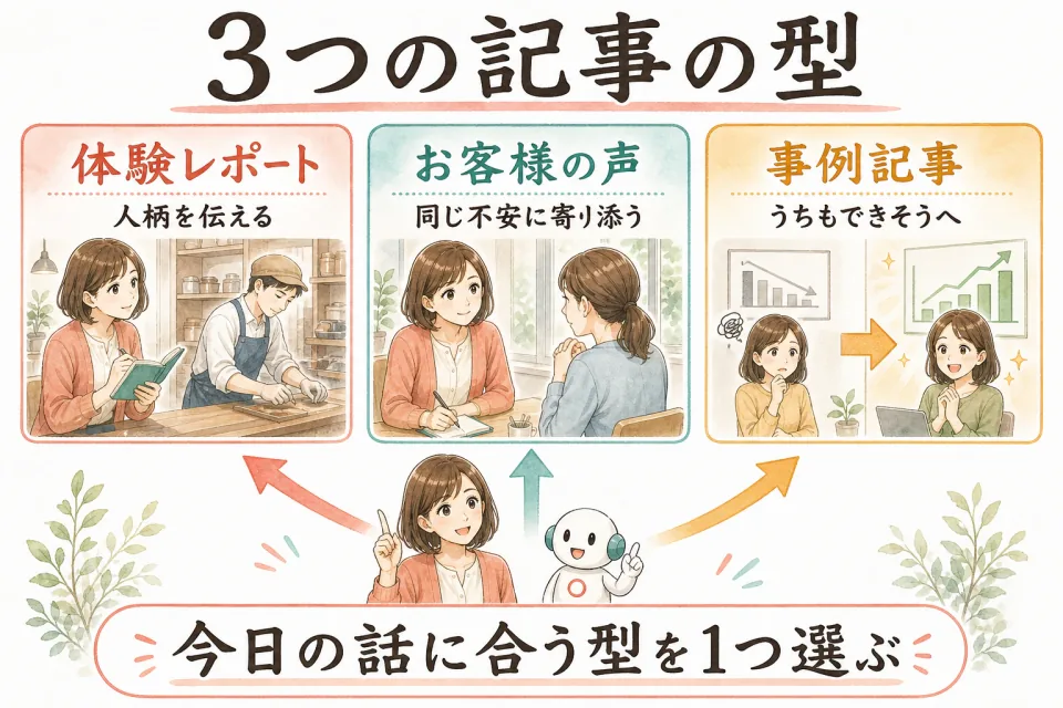 体験レポート、お客様の声、制作事例の3種類のブログを示す図解