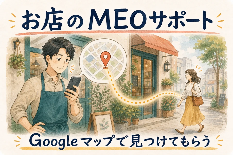 店主のスマートフォンの地図から実際のお客様の来店へつながるMEOサポートの図解
