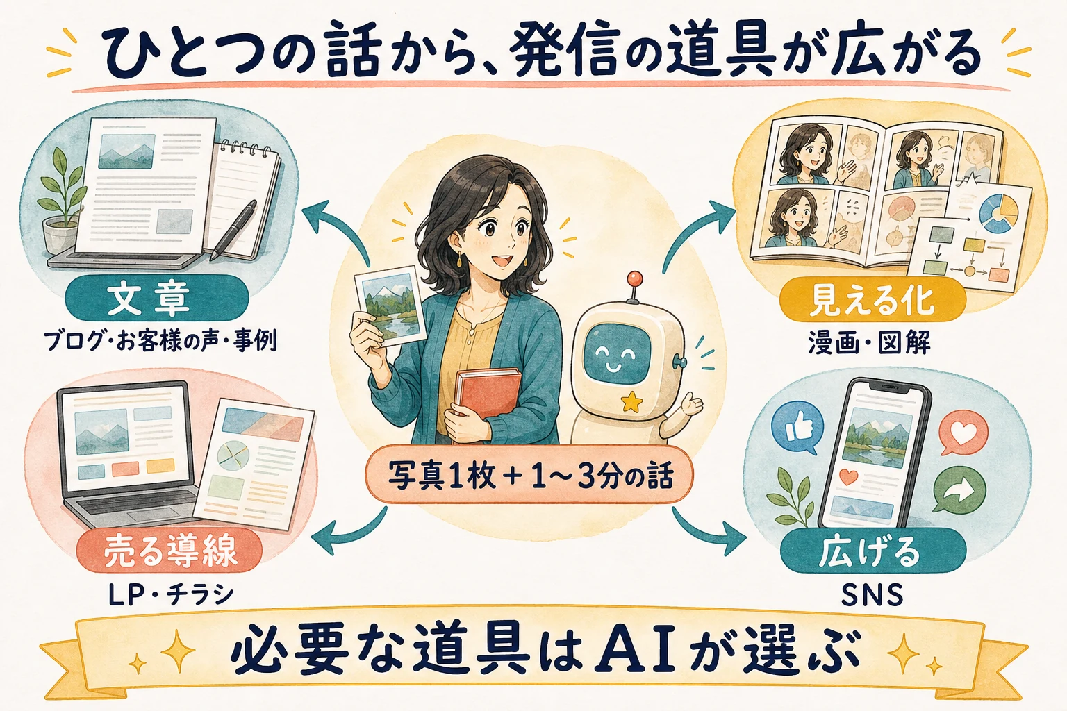 写真1枚と1〜3分の話から、文章、漫画・図解、LP・チラシ、SNSへ発信が広がる図解