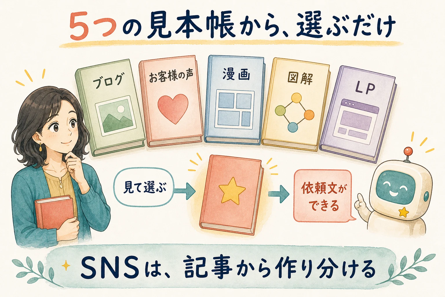 ブログ、お客様の声、漫画、図解、LPの5つの見本帳を選び、依頼文につなげる流れ