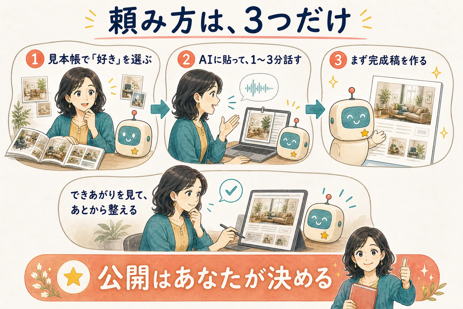 見本帳で好みを選び、AIへ貼って話し、完成稿を確認して整え、公開を決める流れ