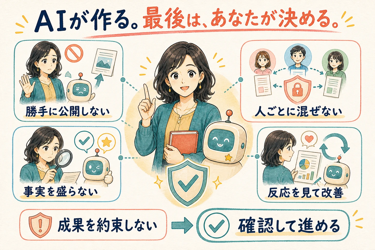 勝手に公開しない、人ごとに混ぜない、事実を盛らない、反応を見て改善する安全設計