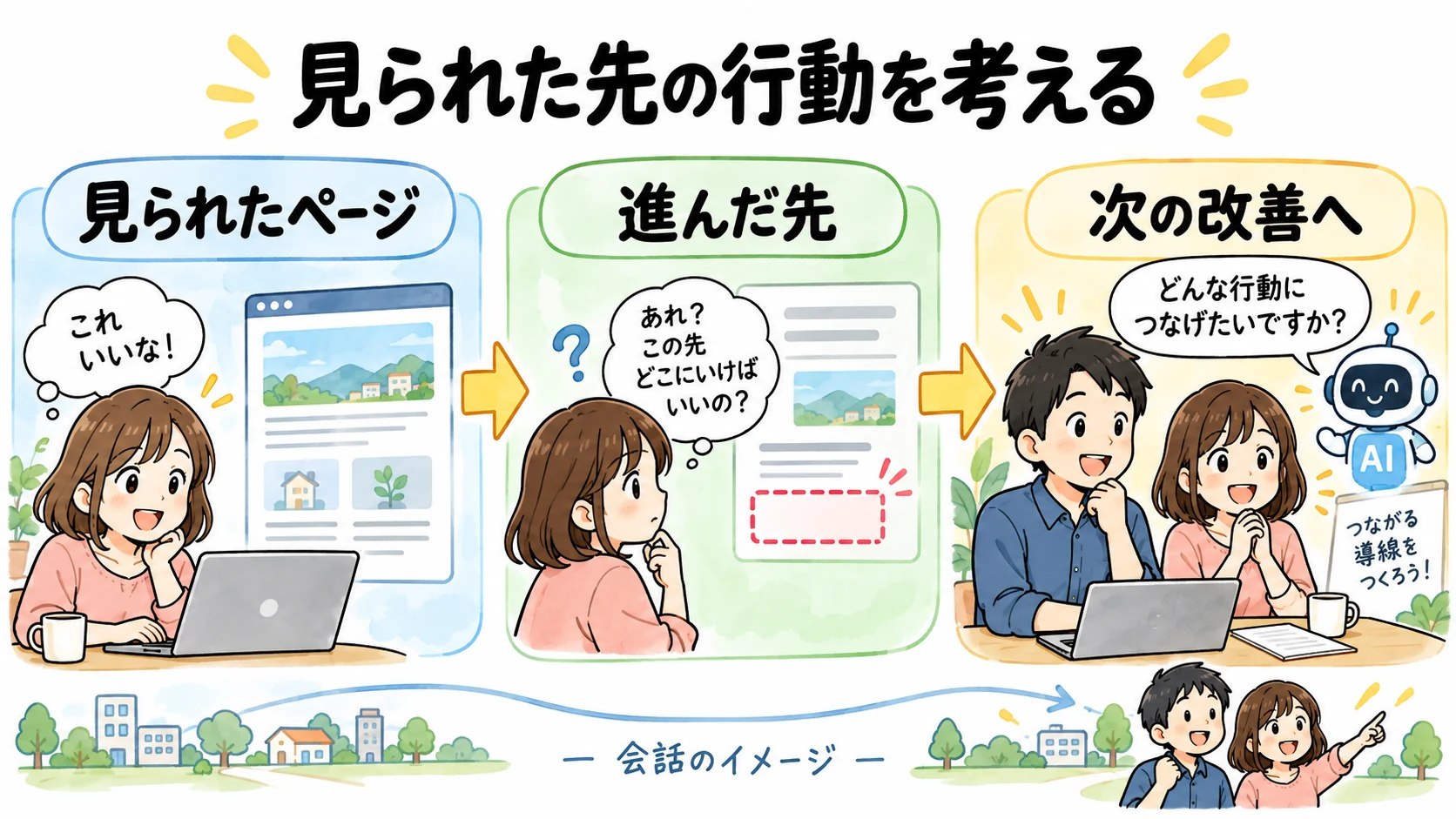 見られた先の行動を考える。見られたページ、進んだ先、次の改善へという流れのイメージ。