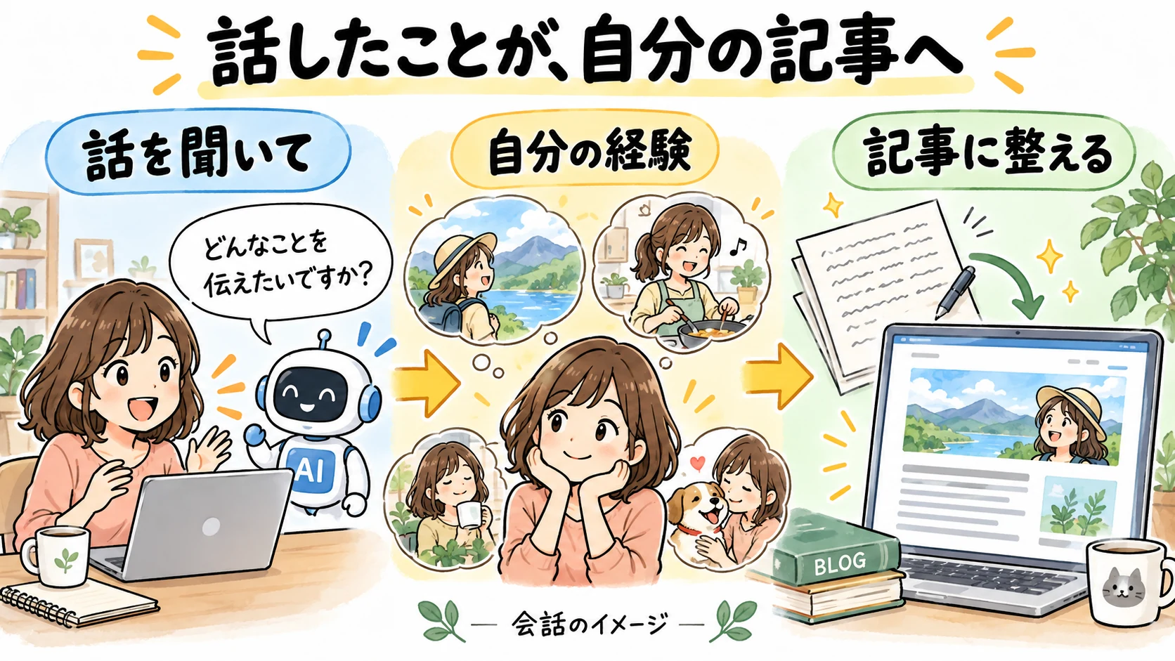 話したことが、自分の記事へ。話を聞いて、自分の経験、記事に整えるという会話の流れのイメージ。