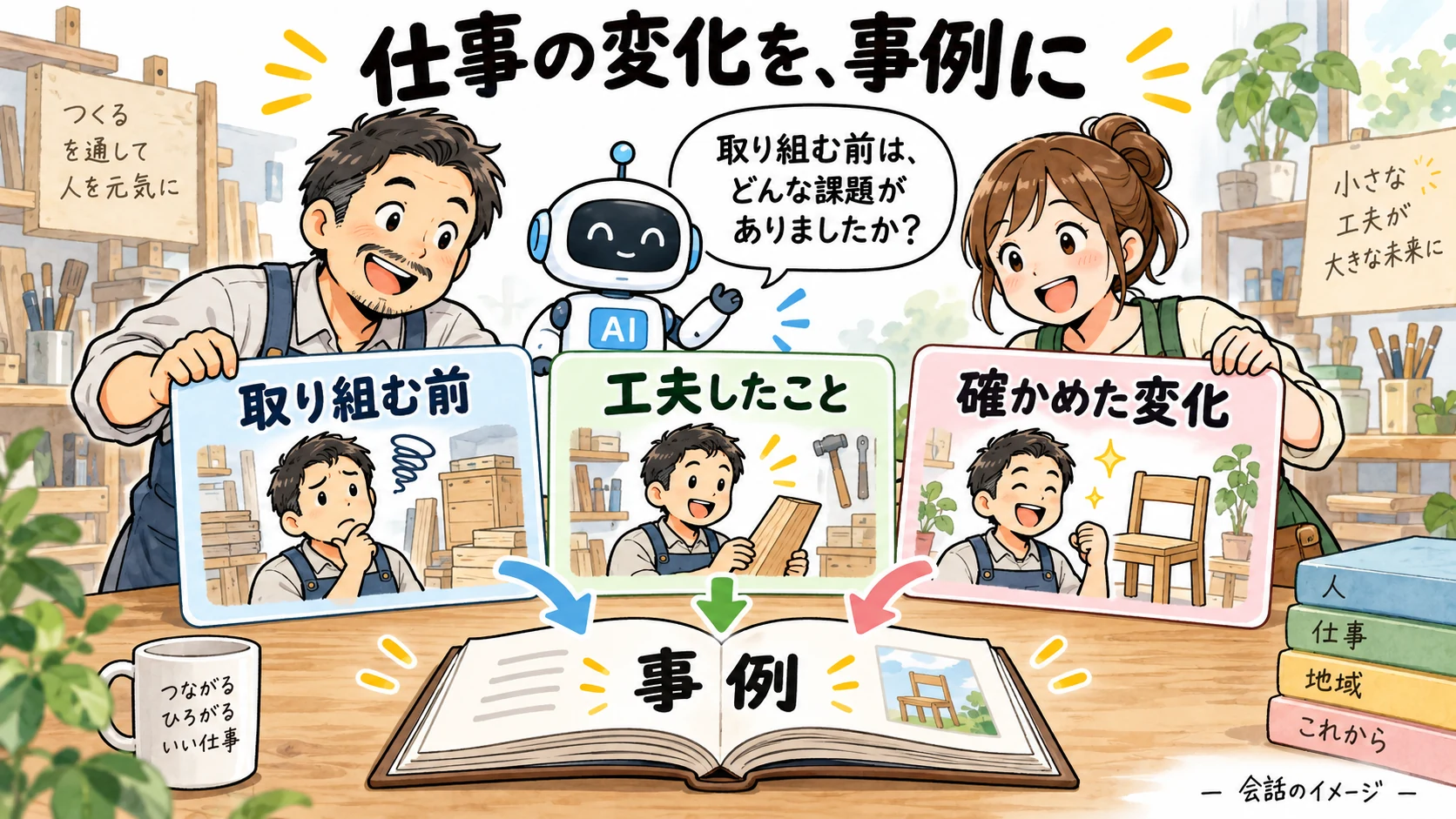 仕事の変化を、事例に。取り組む前、工夫したこと、確かめた変化という会話の流れのイメージ。