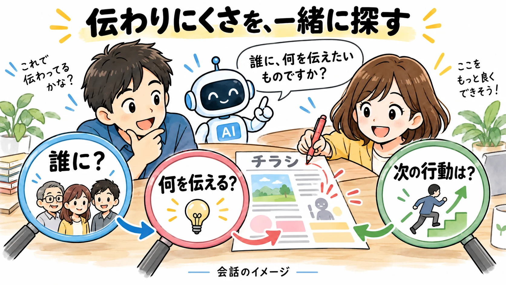 伝わりにくさを、一緒に探す。誰に？、何を伝える？、次の行動は？という会話の流れのイメージ。