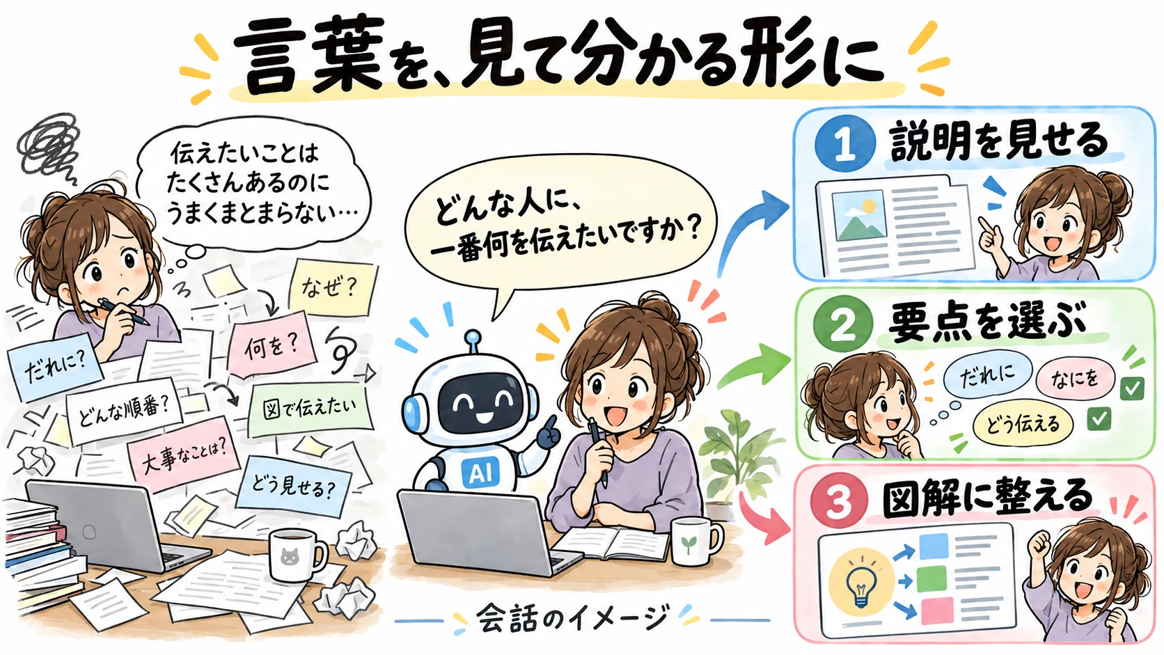 言葉を、見て分かる形に。説明を見せる、要点を選ぶ、図解に整えるという会話の流れのイメージ。