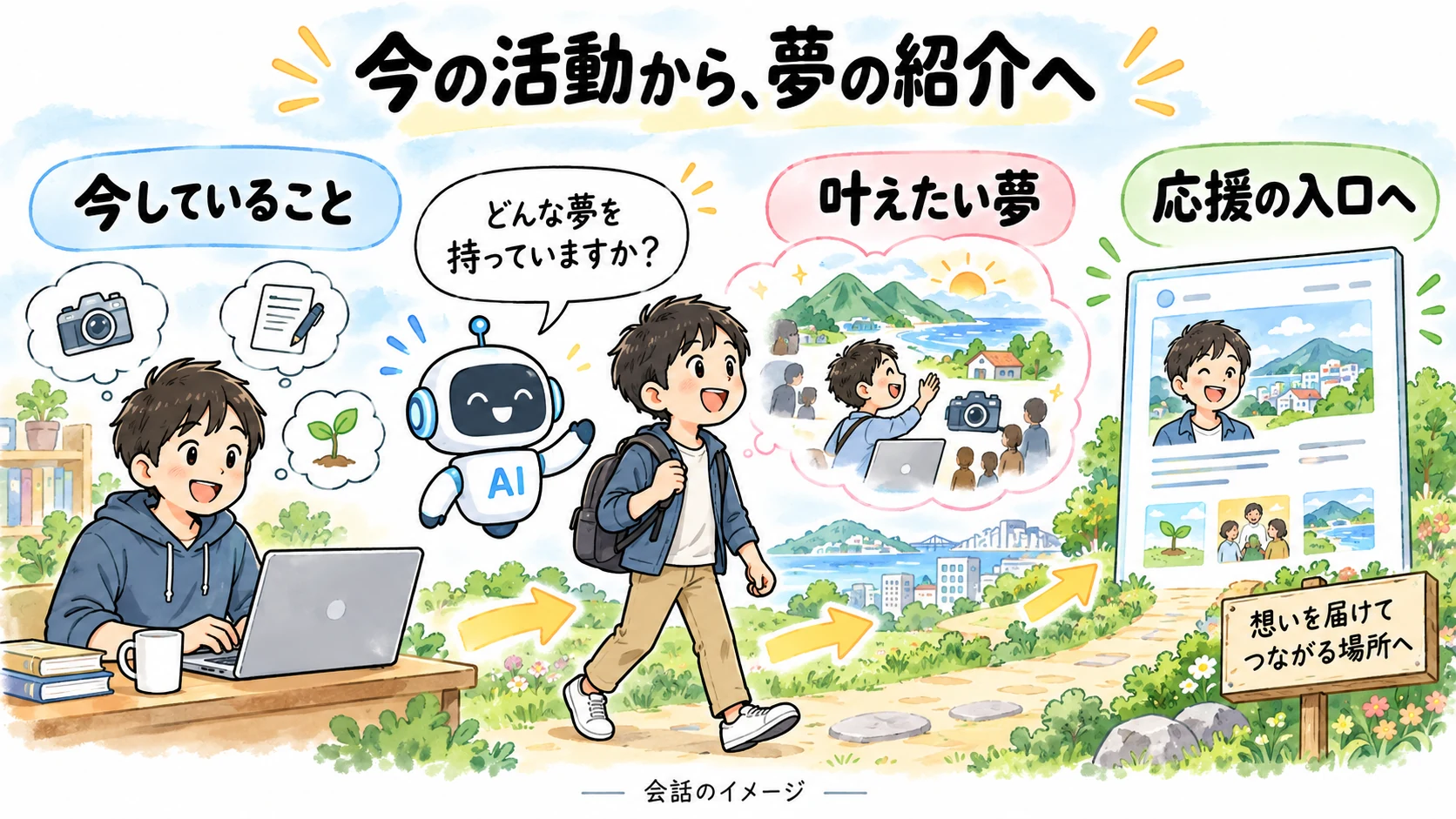 今の活動から、夢の紹介へ。今していること、叶えたい夢、応援の入口へという会話の流れのイメージ。