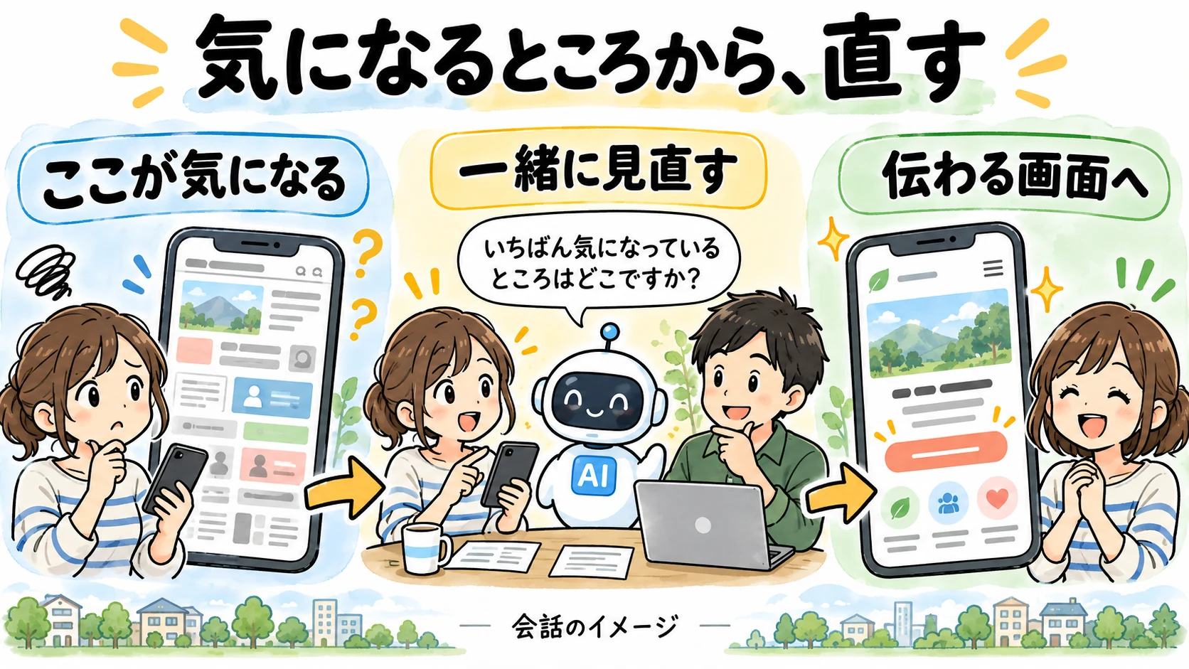 気になるところから、直す。ここが気になる、一緒に見直す、伝わる画面へという会話の流れのイメージ。