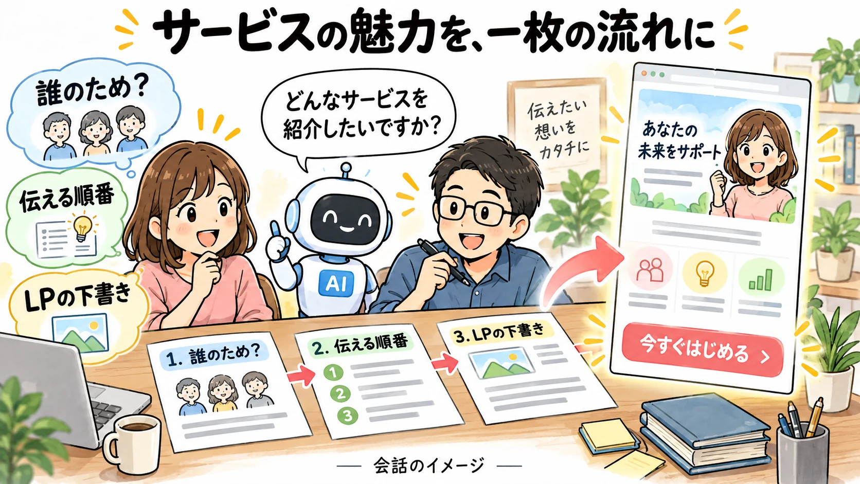 サービスの魅力を、一枚の流れに。誰のため？、伝える順番、LPの下書きという会話の流れのイメージ。