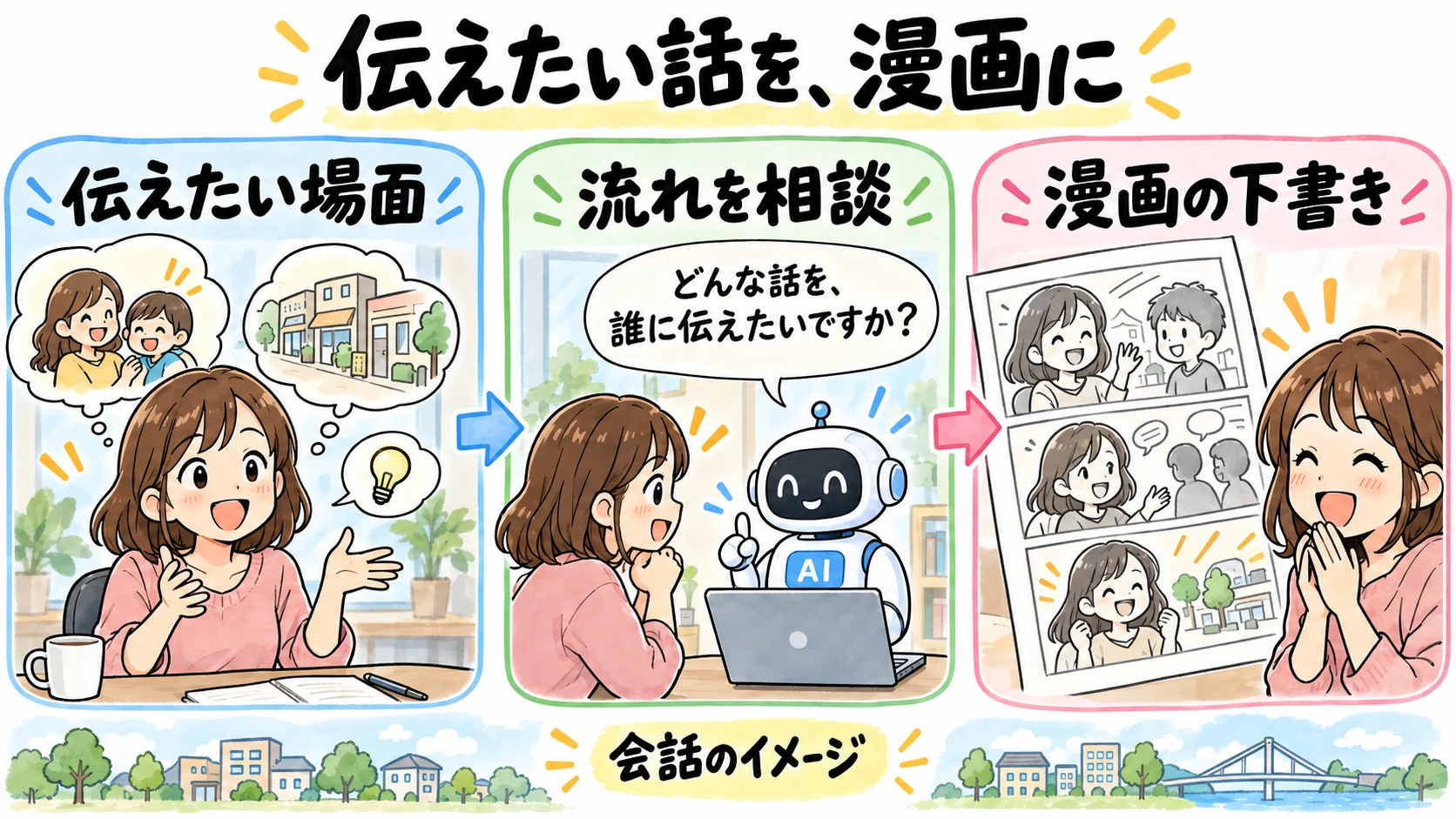 伝えたい話を、漫画に。伝えたい場面、流れを相談、漫画の下書きという会話の流れのイメージ。