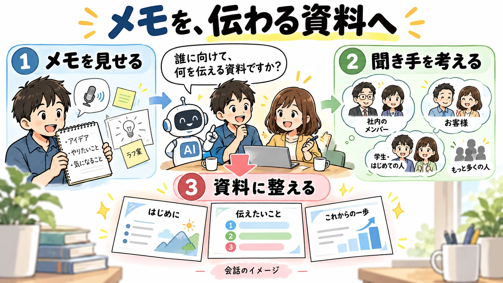 メモを、伝わる資料へ。メモを見せる、聞き手を考える、資料に整えるという会話の流れのイメージ。