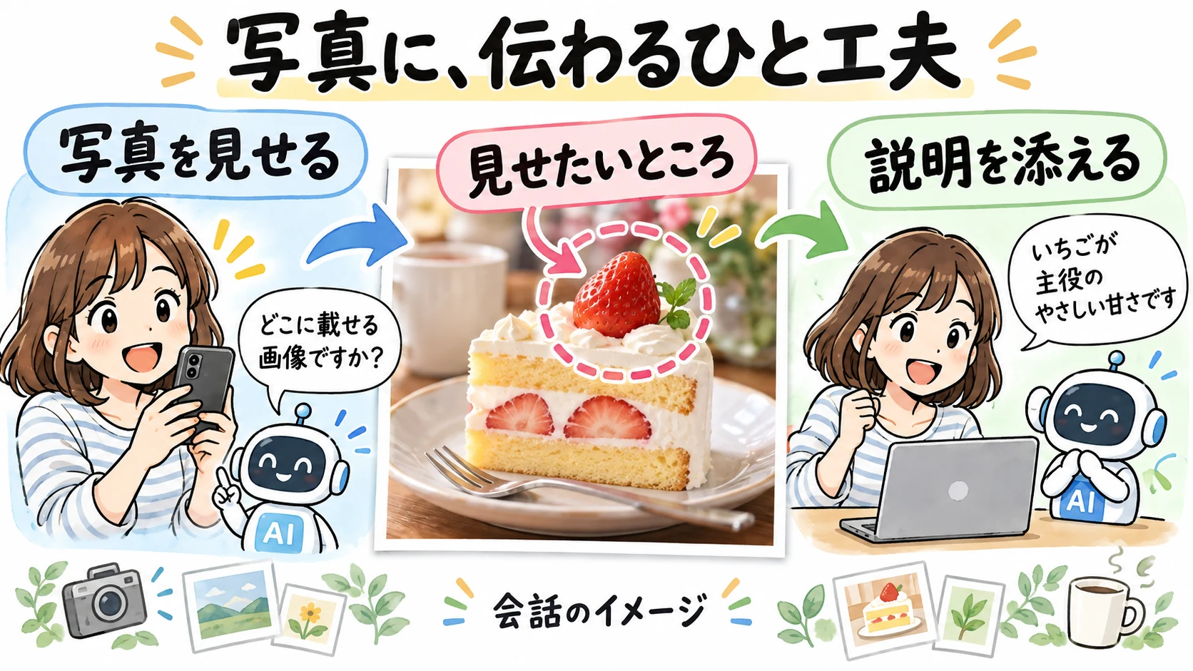 写真に、伝わるひと工夫。写真を見せる、見せたいところ、説明を添えるという会話の流れのイメージ。