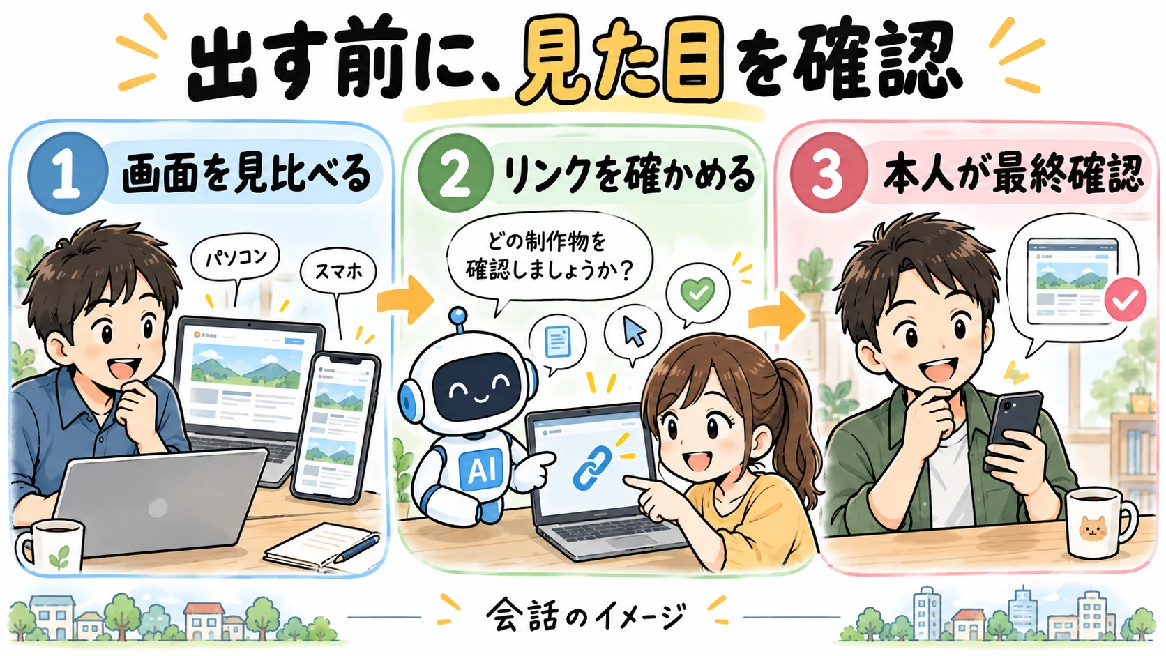 出す前に、見た目を確認。画面を見比べる、リンクを確かめる、本人が最終確認という会話の流れのイメージ。