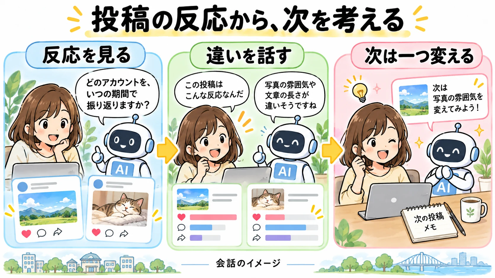投稿の反応から、次を考える。反応を見る、違いを話す、次は一つ変えるという会話の流れのイメージ。