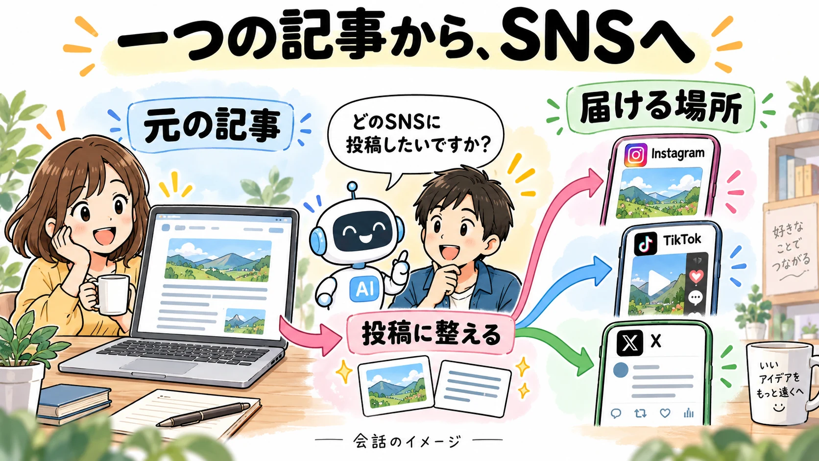 一つの記事から、SNSへ。元の記事、届ける場所、投稿に整えるという会話の流れのイメージ。