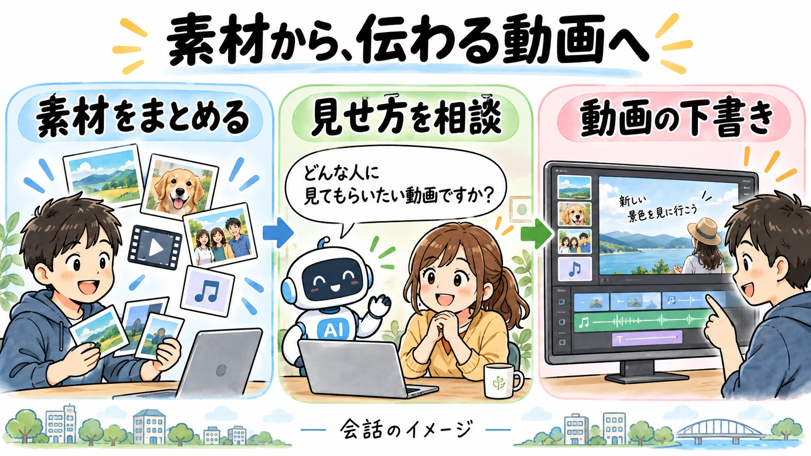 素材から、伝わる動画へ。素材をまとめる、見せ方を相談、動画の下書きという会話の流れのイメージ。