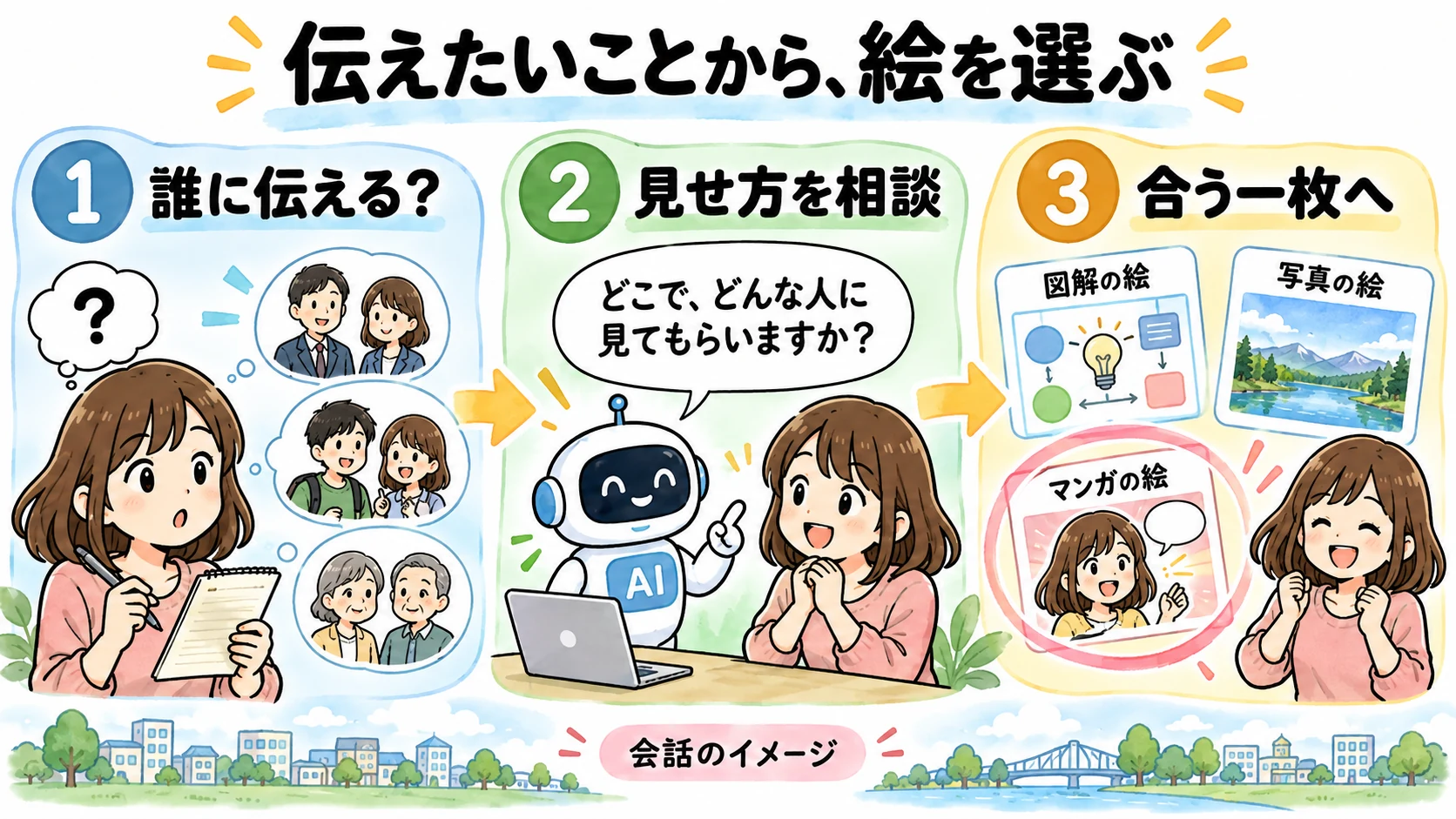 伝えたいことから、絵を選ぶ。誰に伝える?、見せ方を相談、合う一枚へという会話の流れのイメージ。