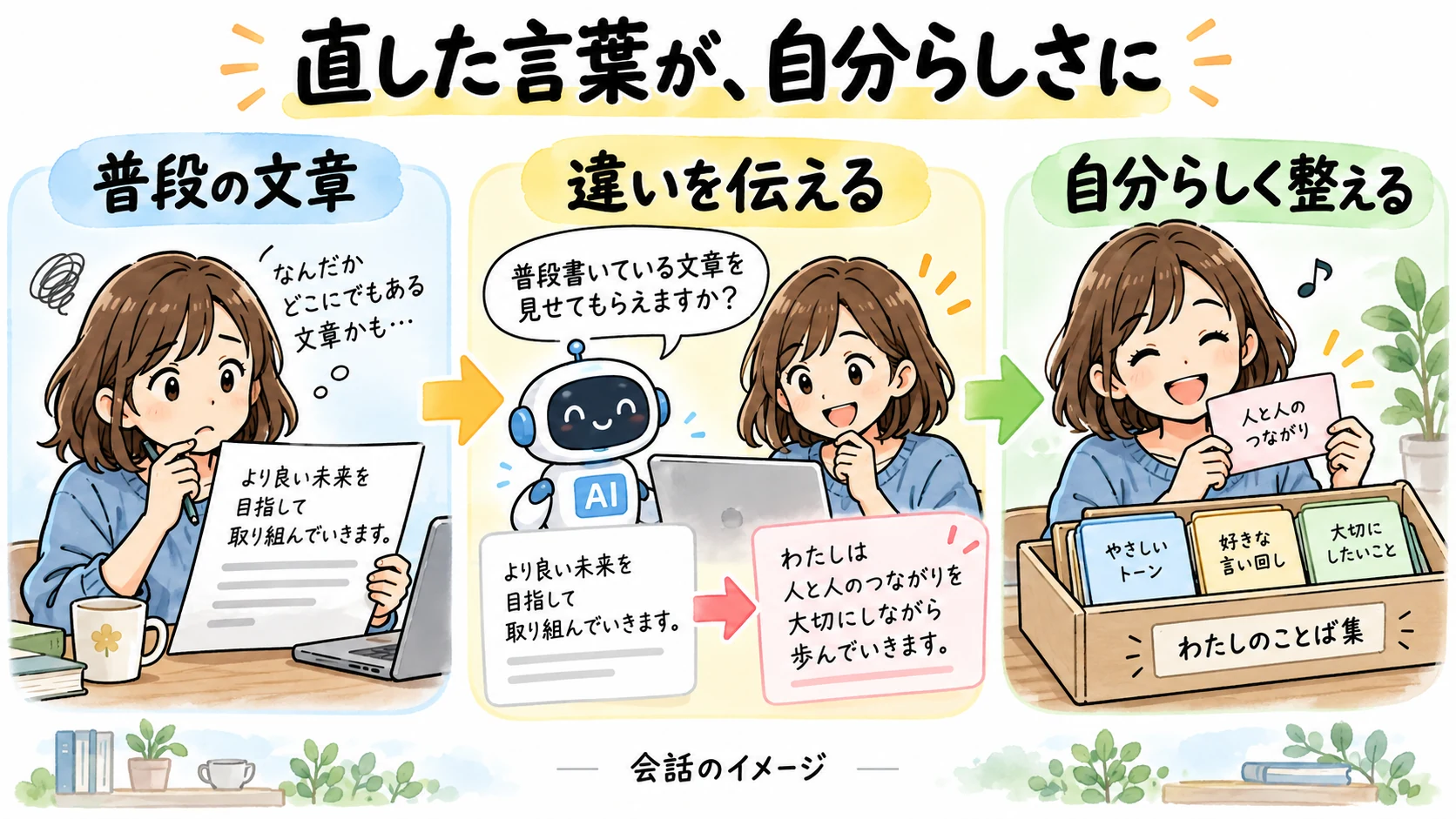 直した言葉が、自分らしさに。普段の文章、違いを伝える、自分らしく整えるという会話の流れのイメージ。