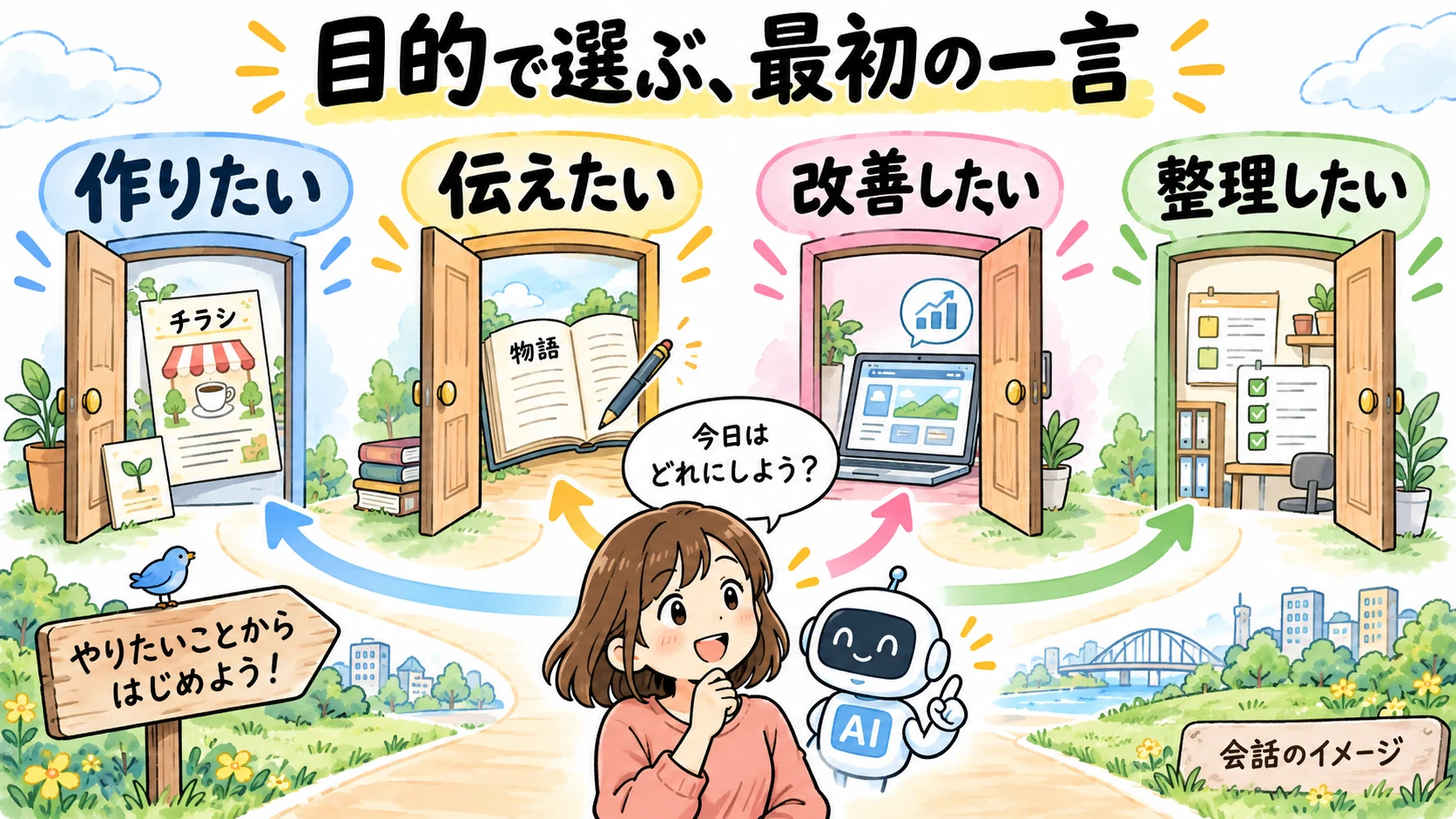 目的で選ぶ、最初の一言。作りたい、伝えたい、改善したい、整理したいという流れのイメージ。