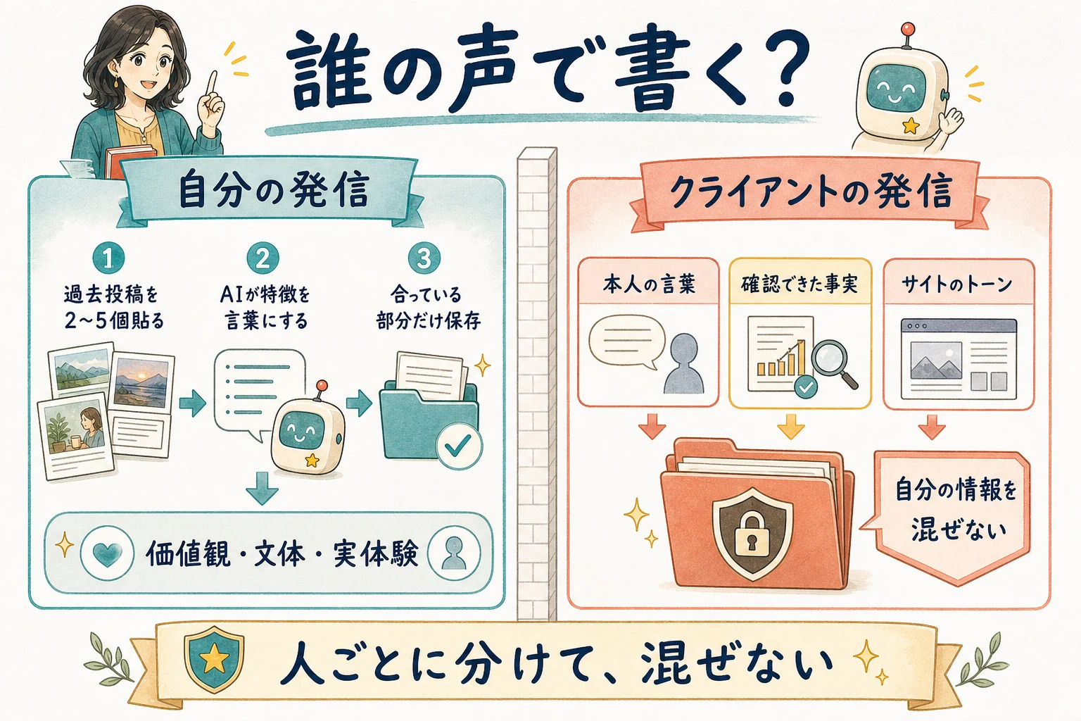 自分の発信とクライアントの発信を人ごとに分け、価値観や文体を混ぜない仕組み