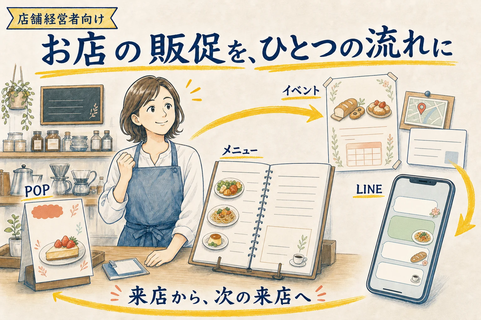 店舗経営者がメニュー、店頭POP、LINE、イベント案内を一つの販促の流れとして整えるイメージ