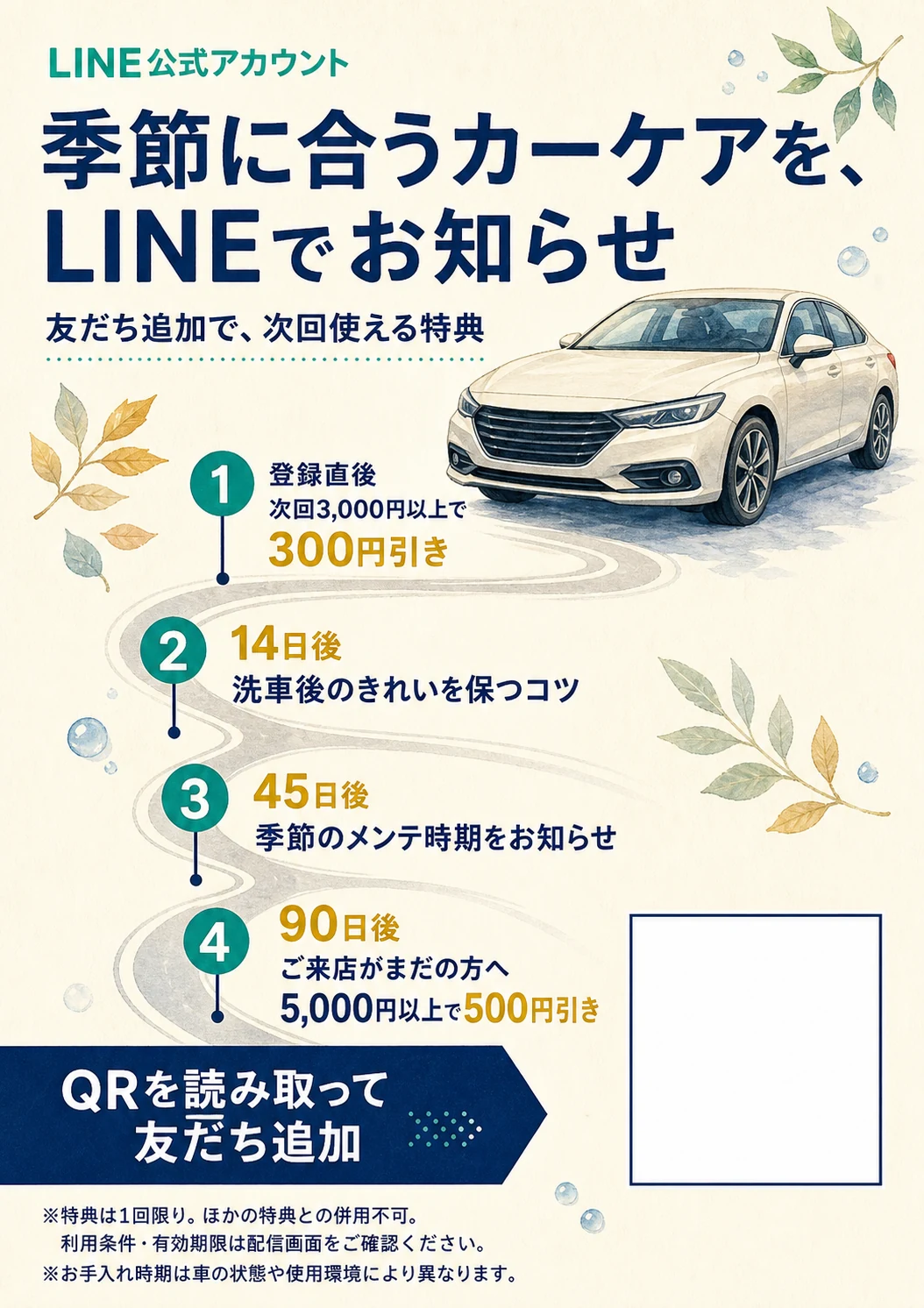 カーケアと洗車店向けLINEステップクーポンPOPの制作イメージ