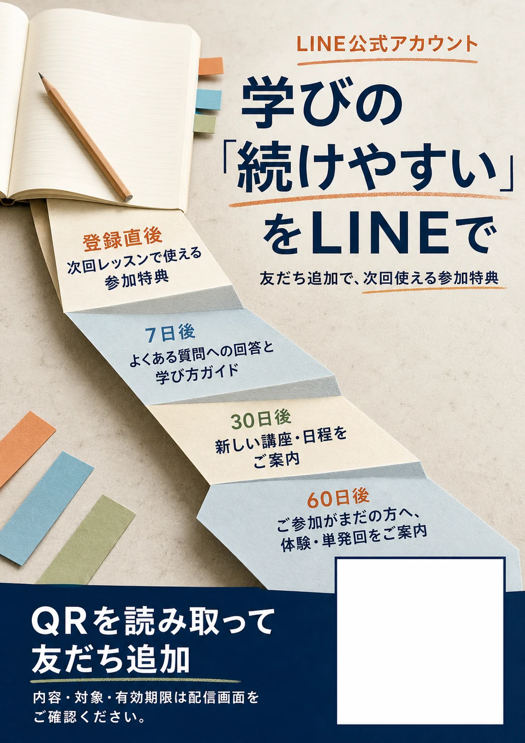 教室とスクール向けLINEステップクーポンPOPの制作イメージ