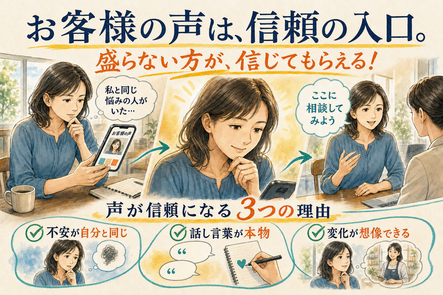 お客様の声を読んで「私と同じ悩みの人がいた」と安心する読者のイラスト