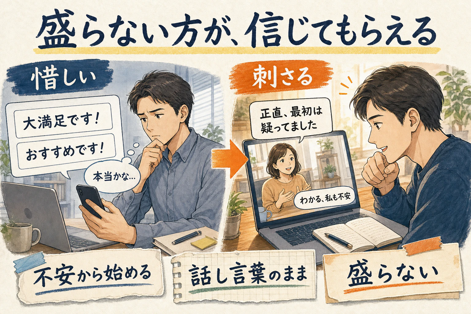 褒め言葉だけの声と、不安から始まる声の比較図解