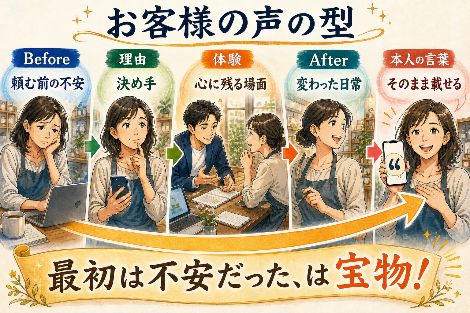 Before・選んだ理由・体験・After・本人の言葉という声の型の図解
