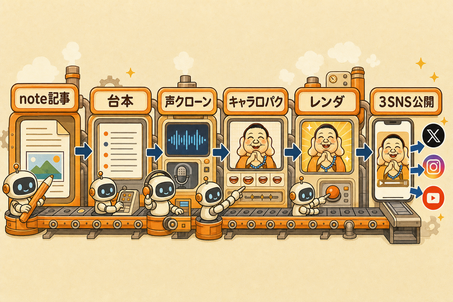 note記事から台本、声クローン、キャラクターの口パク、レンダリング、3つのSNS公開までをつなぐ制作ライン