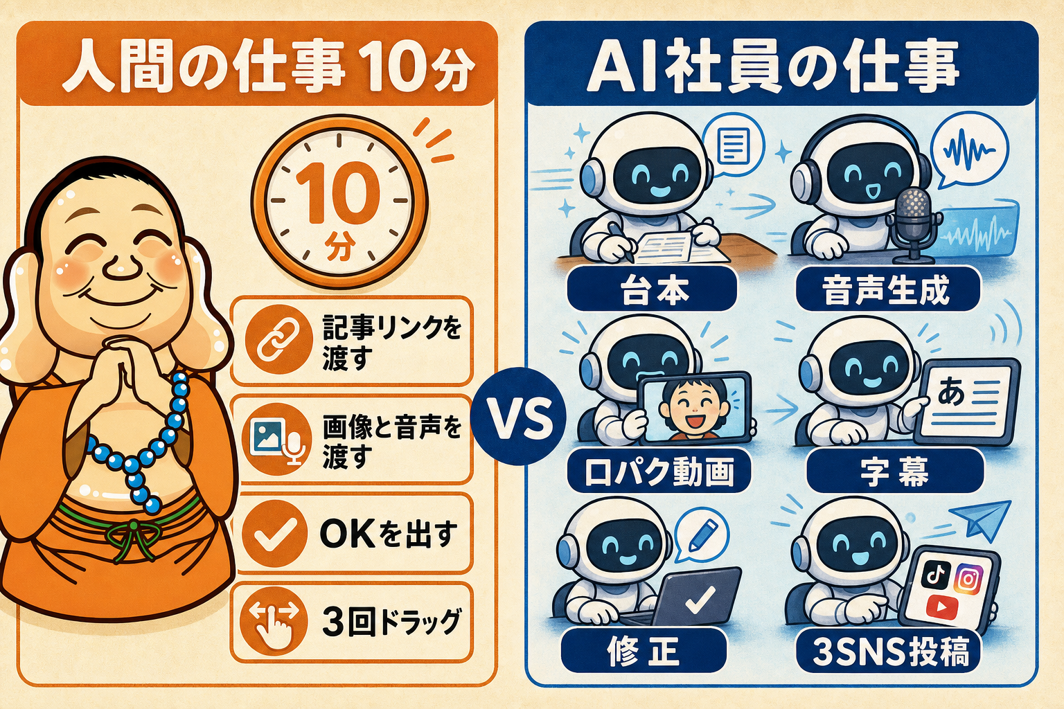 人間が10分で行ったこととAI社員が担当した動画制作・投稿作業の比較
