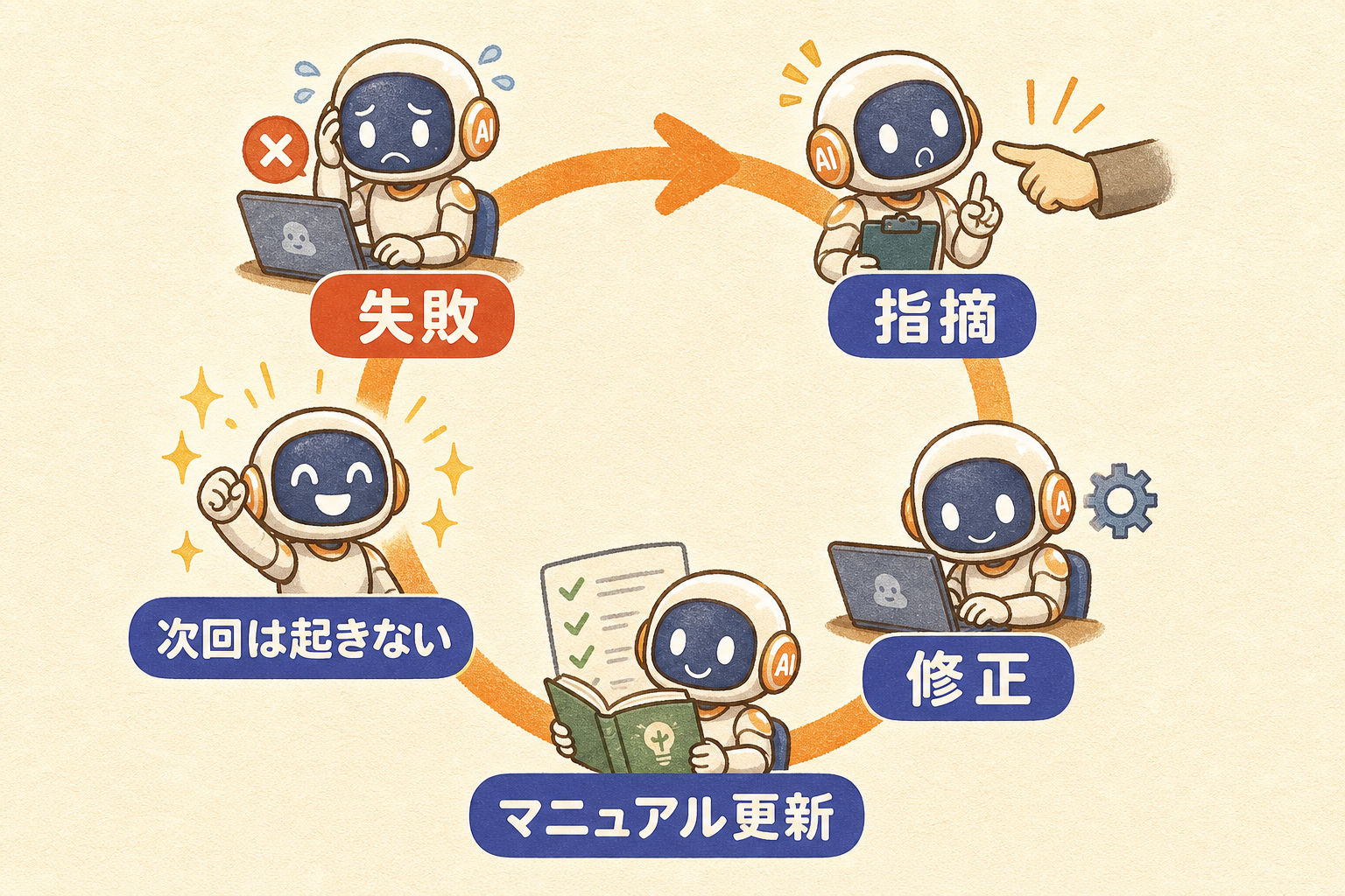 失敗、指摘、修正、マニュアル更新を経て同じ失敗を防ぐ改善ループ