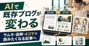 AIで既存ブログが変わる。サムネ・図解・4コマで読みたくなる記事へ改善するサムネイル