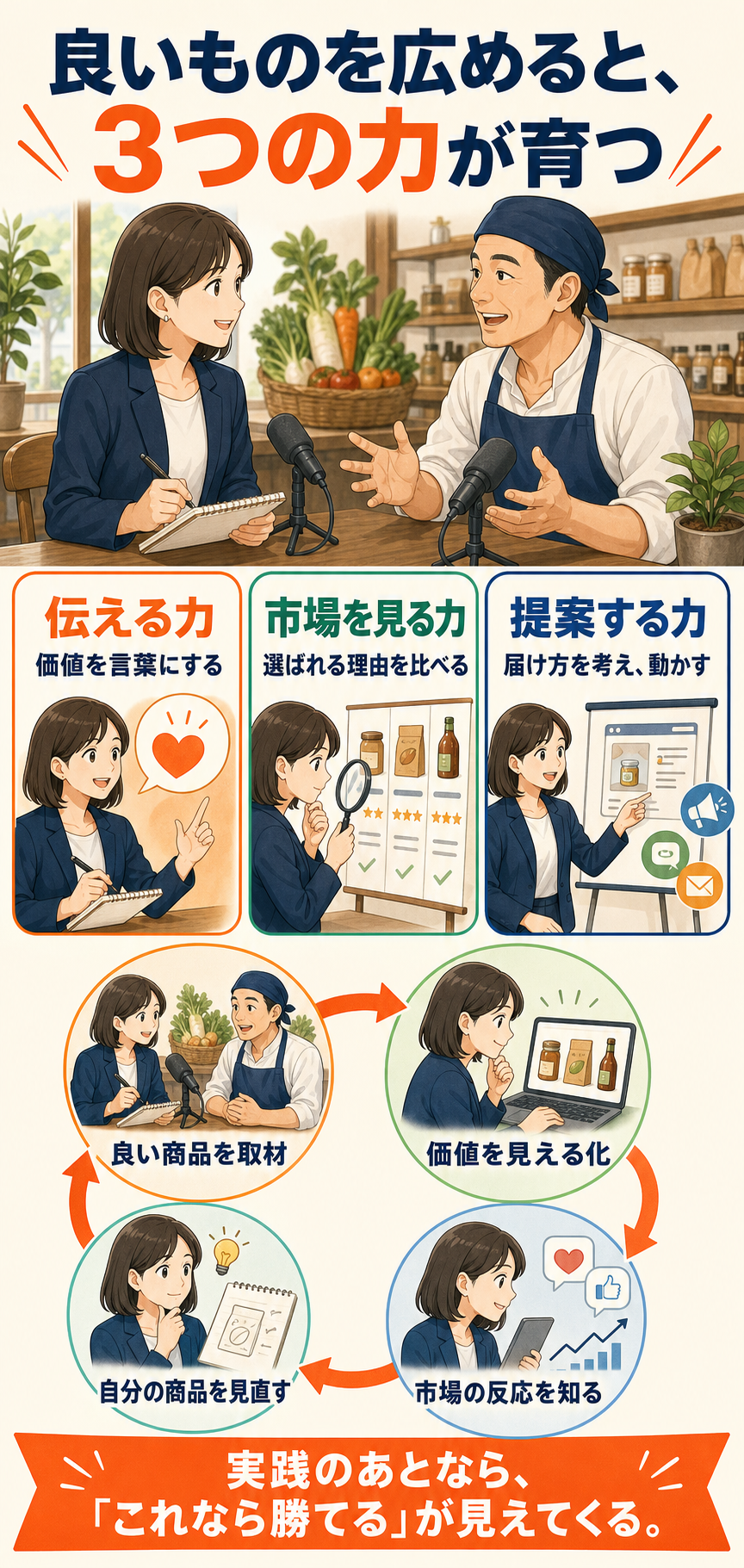 AIライターとして良い商品を広める実践から、自分の商品を見直せる力が身につく循環の図解