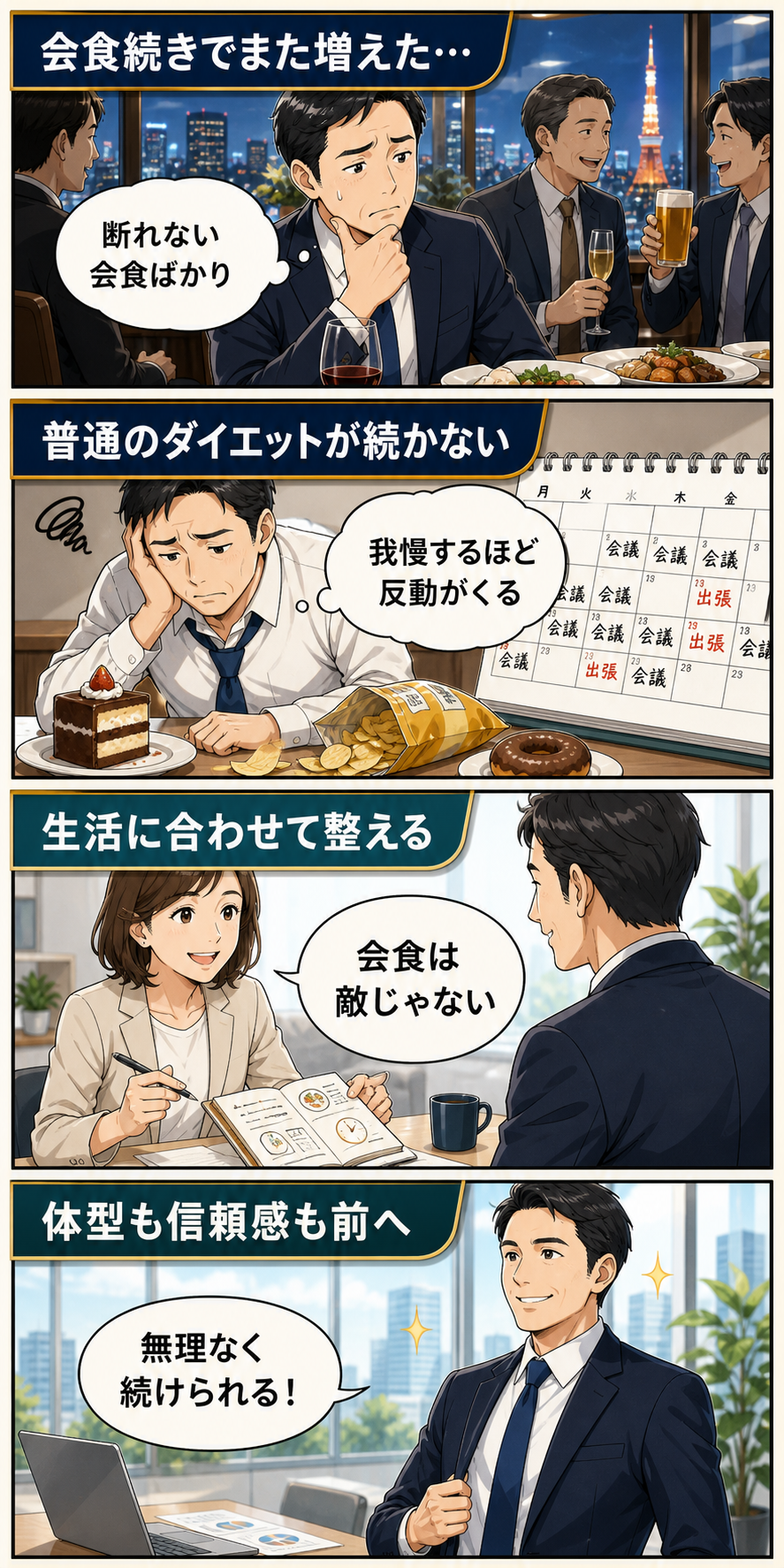 会食続きでも体型管理を整える流れを伝える4コマ