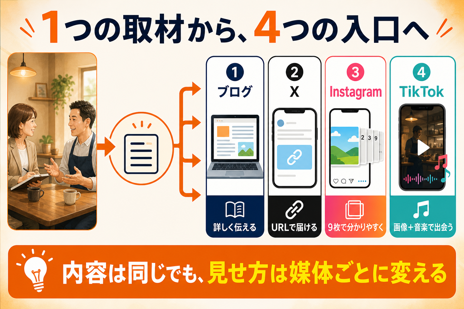 1つの取材からブログ、X、Instagram、TikTokという4つの発信入口へ展開する流れ