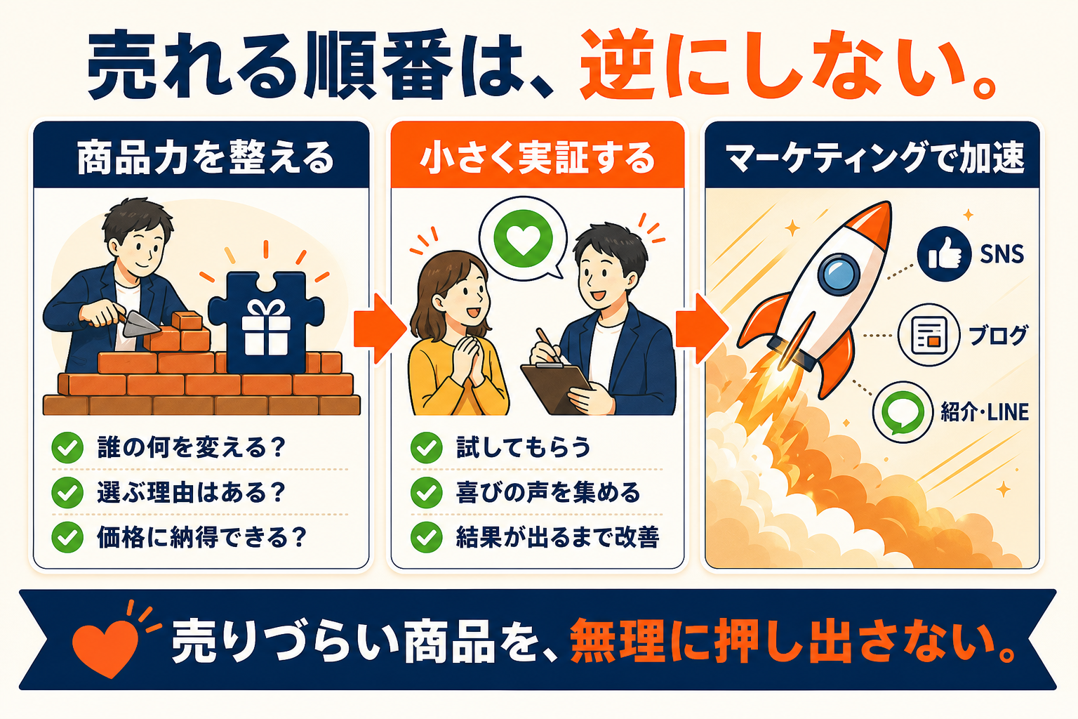商品力を整え、小さく実証してからマーケティングで加速する正しい順番の図解
