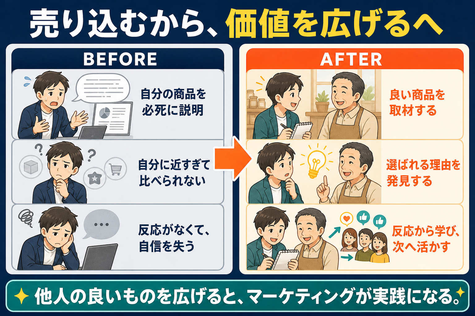 自分の商品を必死に売り込む状態から、良い商品の価値を広げて学ぶ状態へ変わる比較図解