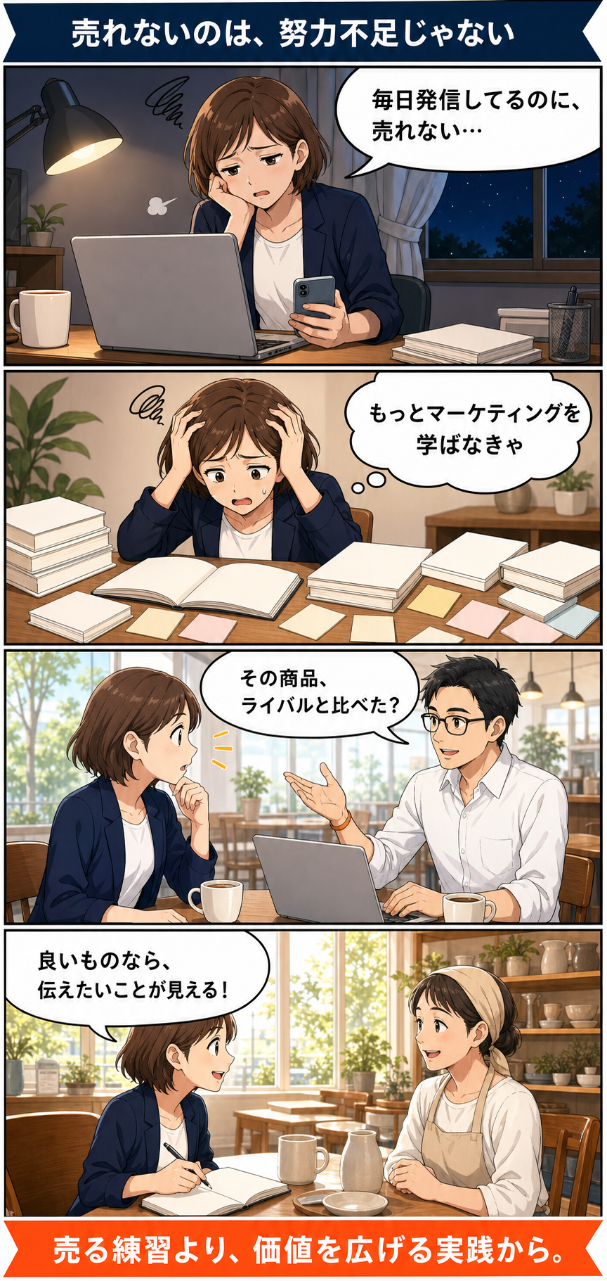 毎日発信しても売れずに悩む起業家が、良い商品を広める実践へ視点を変える4コマ漫画