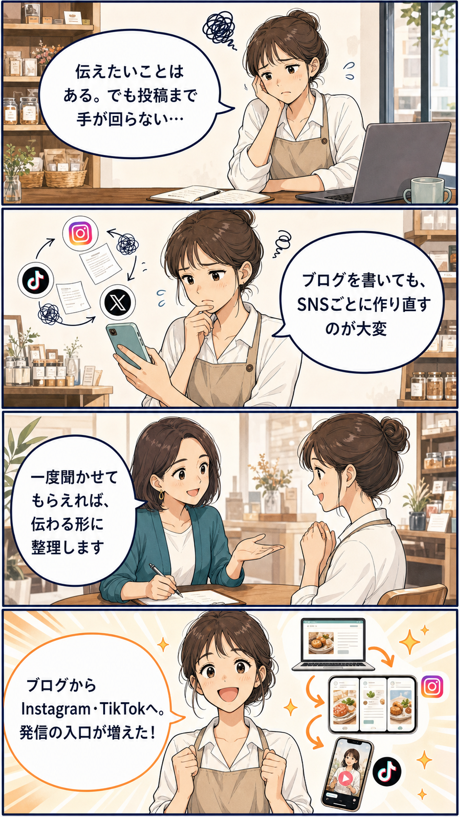 伝えたいことはあるのにSNS投稿まで手が回らない店舗オーナーが、ブログからInstagramとTikTokへ発信を広げる4コマ漫画