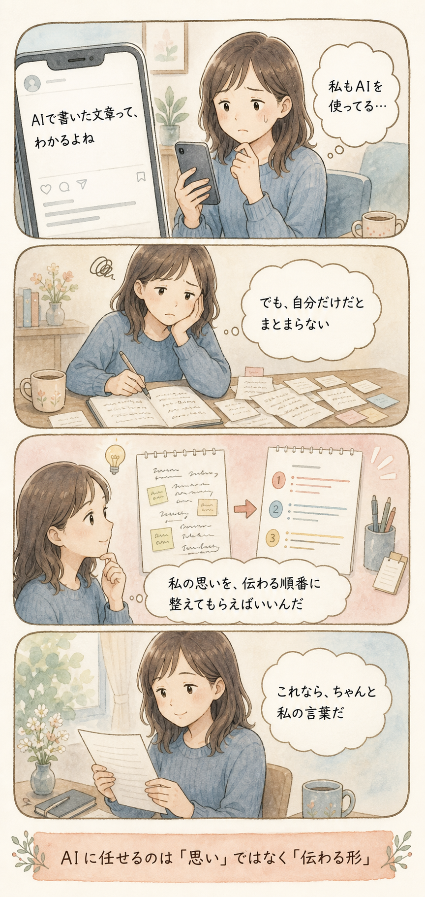 AI文章への批判を見て発信をためらった架空の読者が、自分の思いをAIと整えて投稿するまでの4コマ漫画