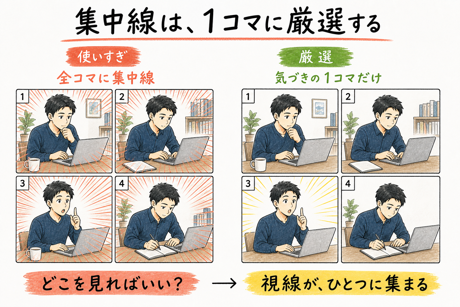 4コマ全部に集中線を入れた使いすぎの例と、気づきの1コマだけに集中線を入れた厳選の例を並べた比較図