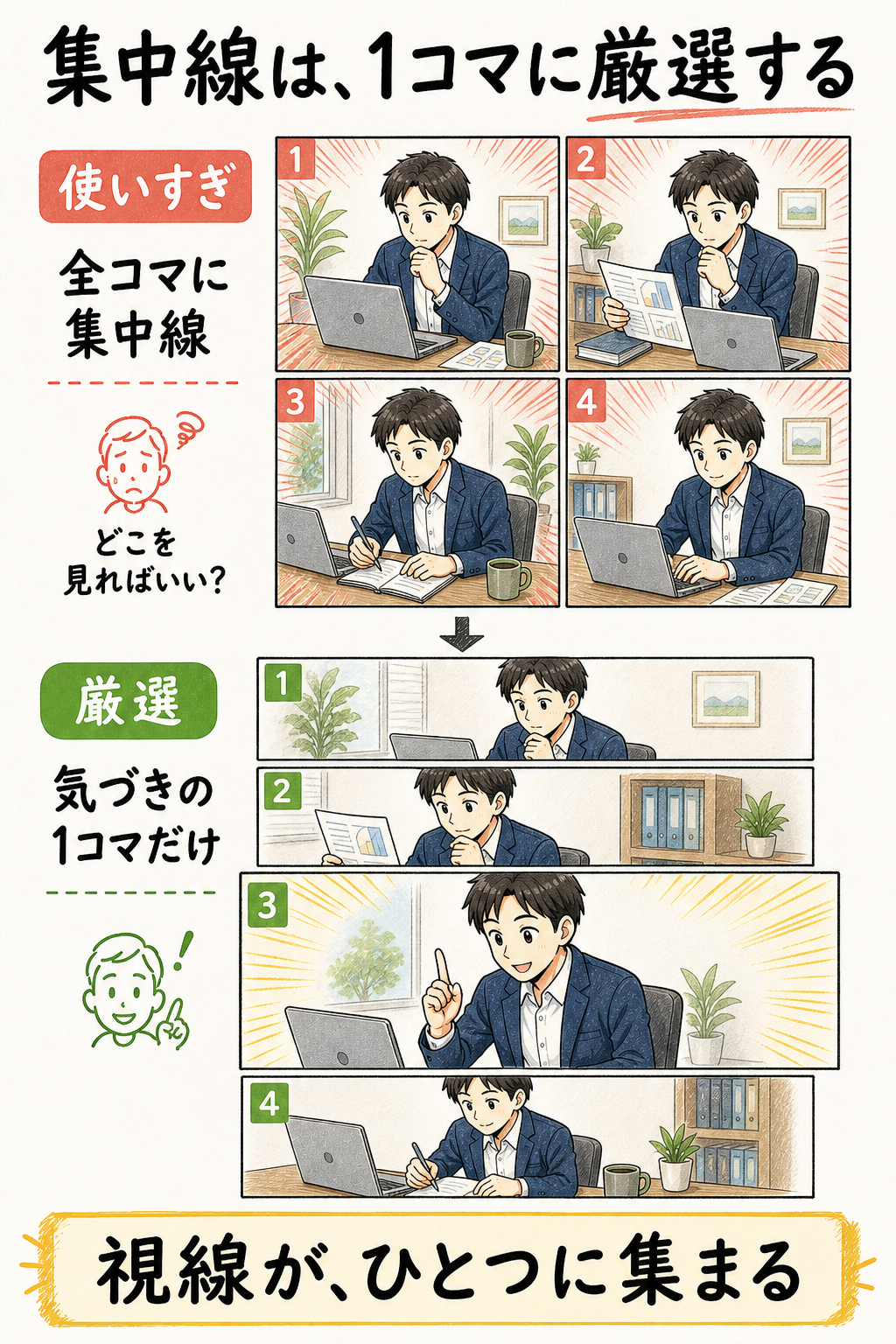 4コマ全部に集中線を入れた使いすぎの例と、気づきの1コマだけに集中線を入れた厳選の例を上から順に見せる比較図